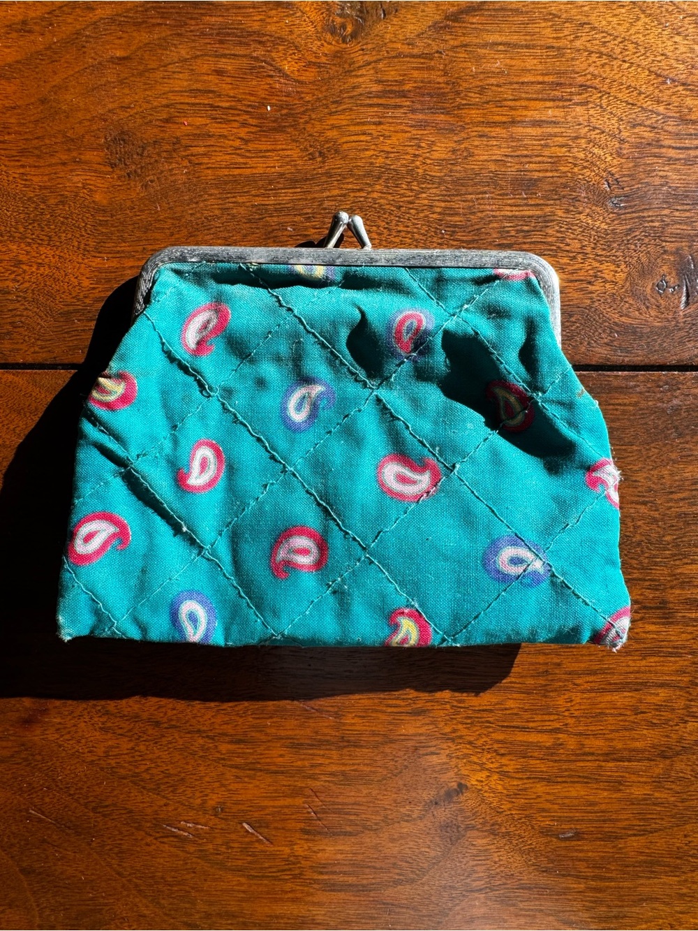 Vintage 70’s Quilted Teal Kiss Lock Coin Purse Cosmetic Pouch Clutch Retro Boho